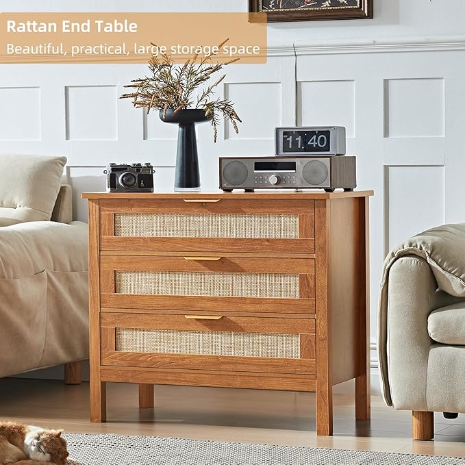 LEYAOYAO 31.5" Wide Rattan Nightstand, Large Boho 3 Drawer Night Stand - Image 4