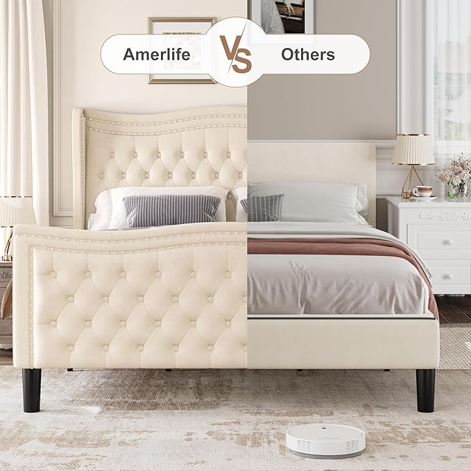 King Bed Frame with Tall Headboard & Footboard, Velvet Upholstered Platform Bed - Image 6
