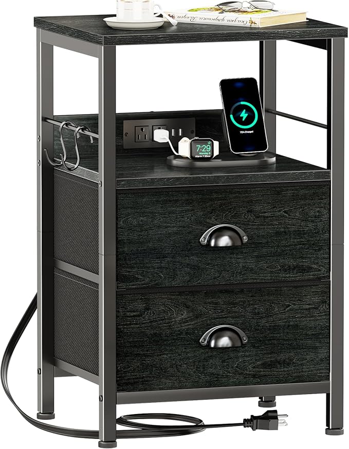 Furologee Nightstand with Charging Station, Side Table with USB Ports, End by Furologee