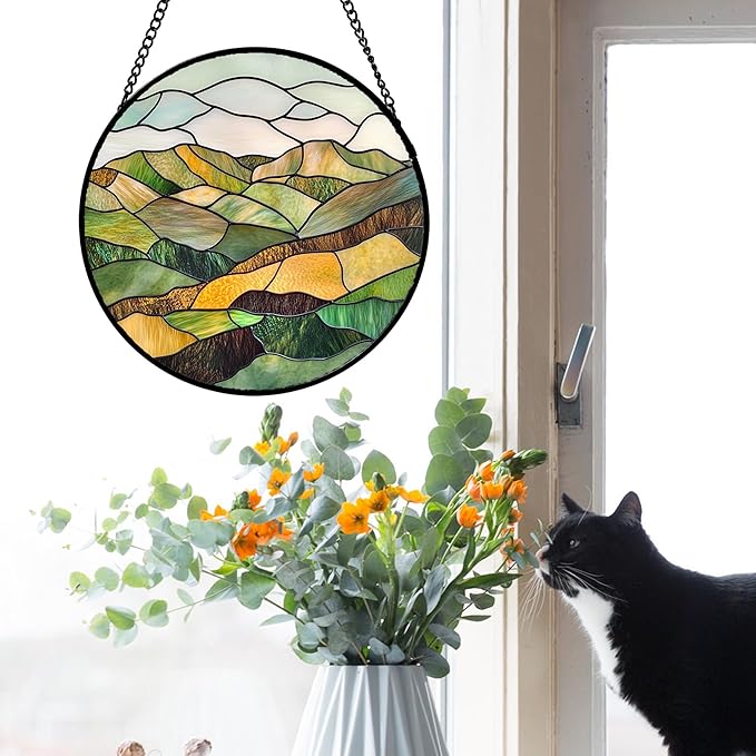 AMDERVEN Stained Glass Window Hanging 4 Pcs Set Mountain River Landscape 6.3" - Image 4