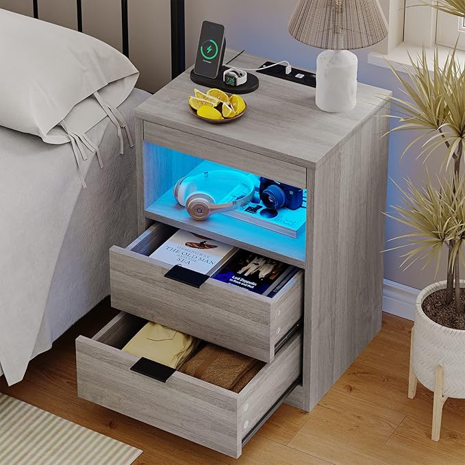 Tiptiper LED Nightstand with Wireless Charging Station, Farmhouse Nightstand - Image 2