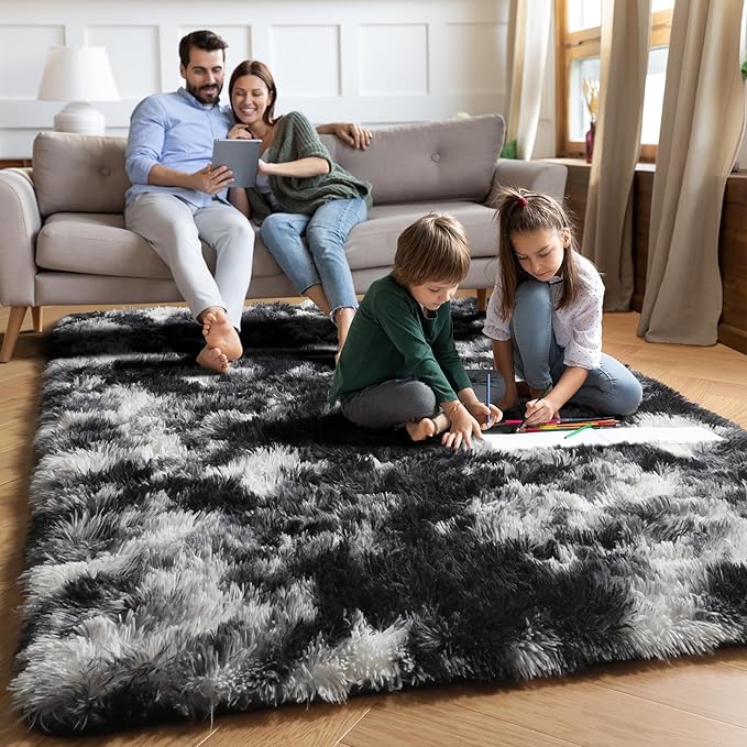 PAGISOFE Black White Rugs for Living Room 6x9, Shag Fuzzy Fluffy Washable Rugs - Image 2