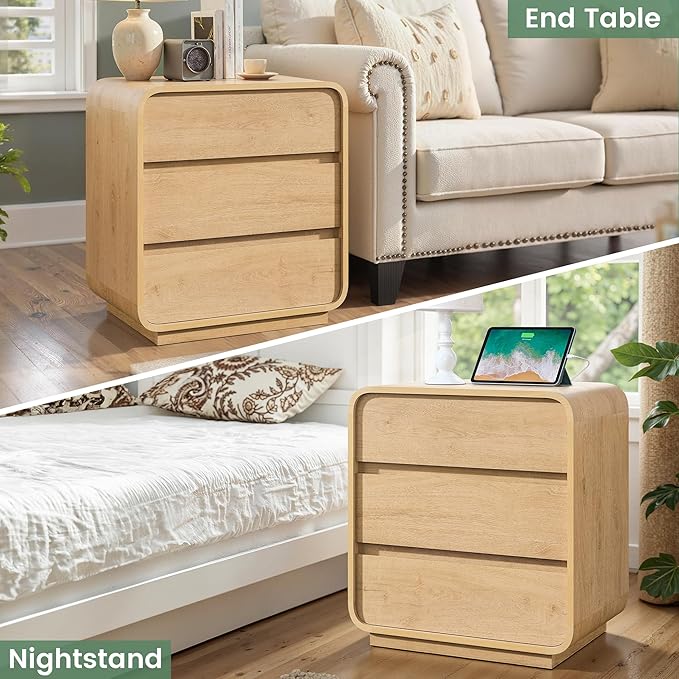 Natural Curved Nightstand Set of 2, 23.2" Large Wood Bedside Table - Image 8
