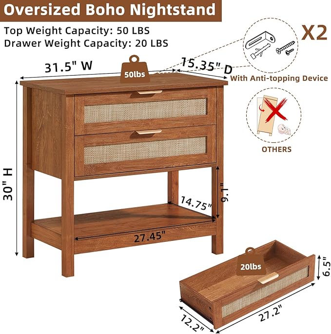 LEYAOYAO 31.5" Wide Rattan Night Stand, Oversized Large Boho Nightstand - Image 2