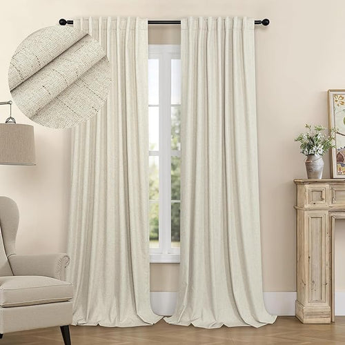 100% Blackout Neutral Curtains for Living Room 96 Inches Long 8 ft Faux Linen by Pitalk
