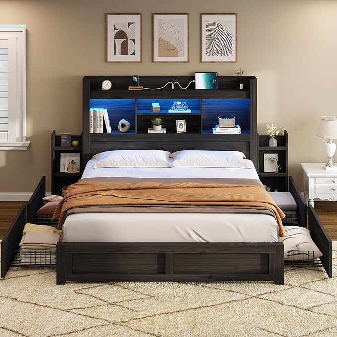 AMERLIFE Queen Bed Frame with 4 Storage Drawers, LED Bed Frame with 49.6" Tall - Image 8