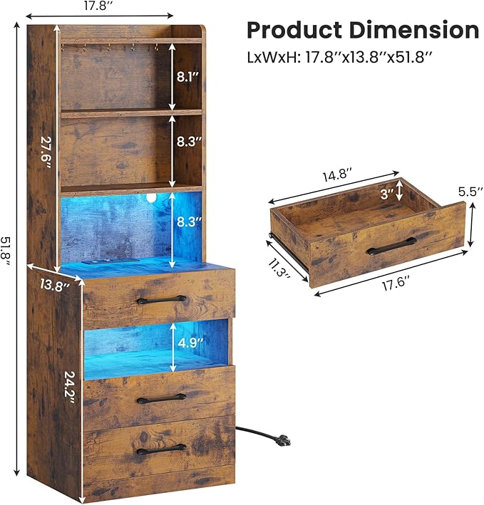 VIAGDO Tall Nightstand with Charging Station and LED Lights, Rustic Brown Night - Image 2