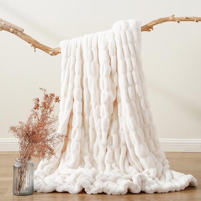 BATTILO HOME Cream Faux Fur Throw Blanket, Double Side Ruched Rabbit Fur Blanket - Image 4
