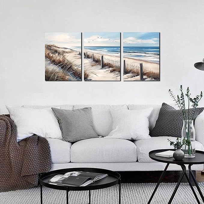 Blue Beach Canvas Wall Art for Living Room Bedroom Bathroom Nature Landscape - Image 2