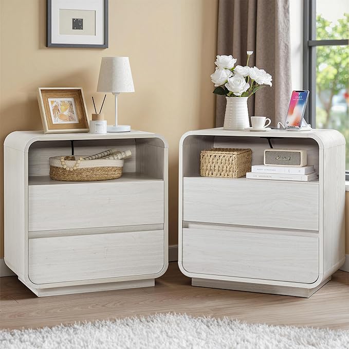 White Nightstand with Charging Station, Modern End Table with 2 Storage Drawers - Image 9