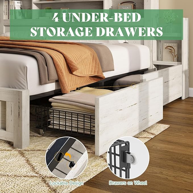 AMERLIFE King Bed Frame with 4 Storage Drawers, LED Bed Frame with 49.6" Tall - Image 6