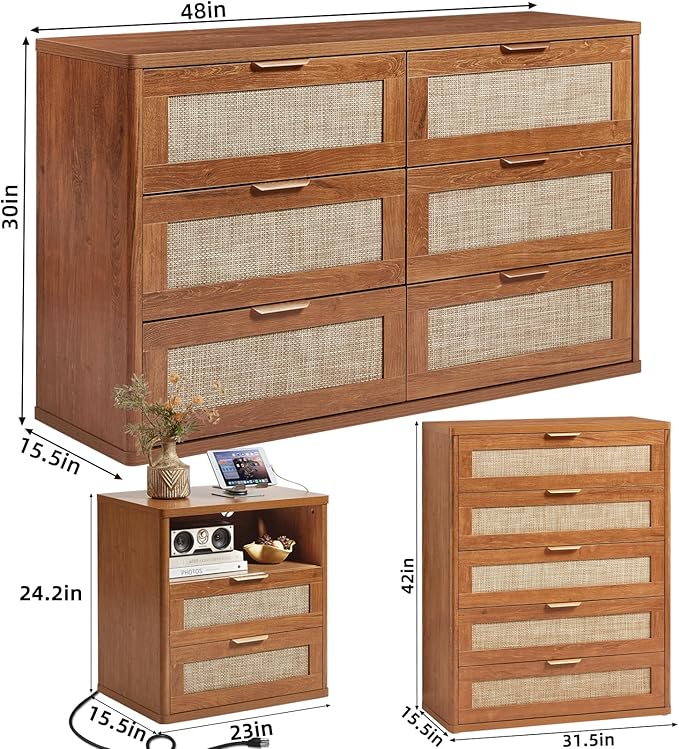 LEYAOYAO Rattan Dresser and Nightstand Set of 3, Boho Wood Dresser - Image 3