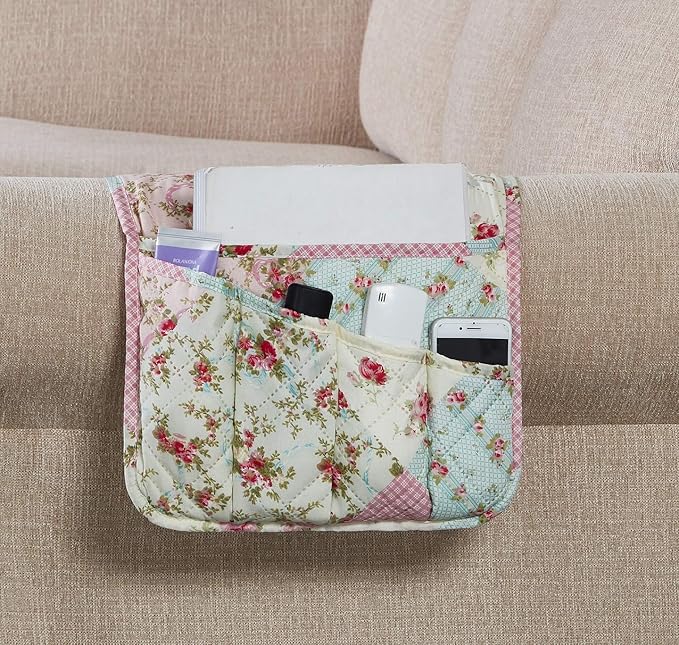 Brilliant Sunshine Pink and Green Rose Patchwork Sofa Armrest 5 Pockets by BrilliantSunshine