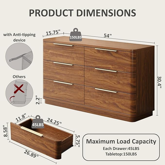 6 Drawer Dresser for Bedroom, Curved Profile Design, Wooden Walnut Dresser - Image 2