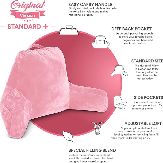 Husband Pillow Pink, Original Reading Pillow in Bed Rest Chair, Shredded Memory - Image 5