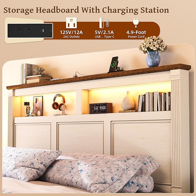 King Size Bed Frame with 53" Tall Headboard, Farmhouse Platform Bed Frame with - Image 3