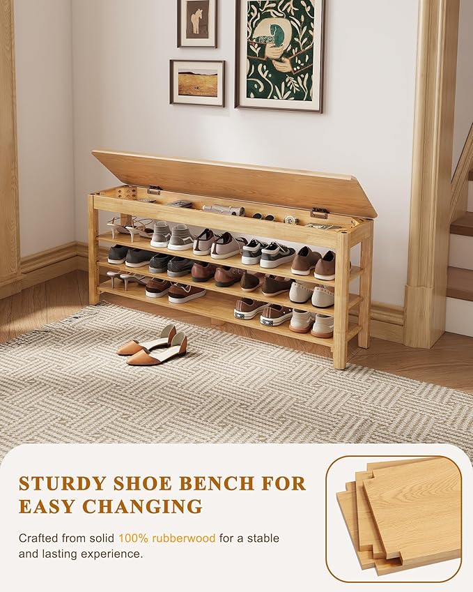 Shoe Rack Bench Seat Rubberwood 3-Tier Wooden Storage Bench 550lbs Compact - Image 5