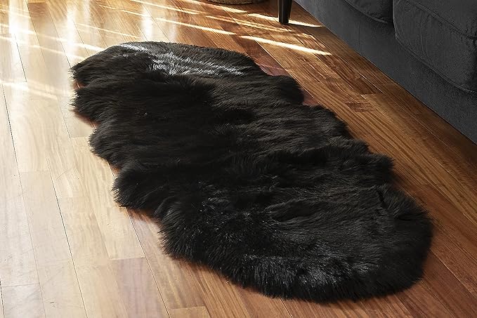Silky Soft Faux Fur Rug, 2 ft. x 6 ft. Black Fluffy and Shaggy Sheepskin Area by WalkonMe