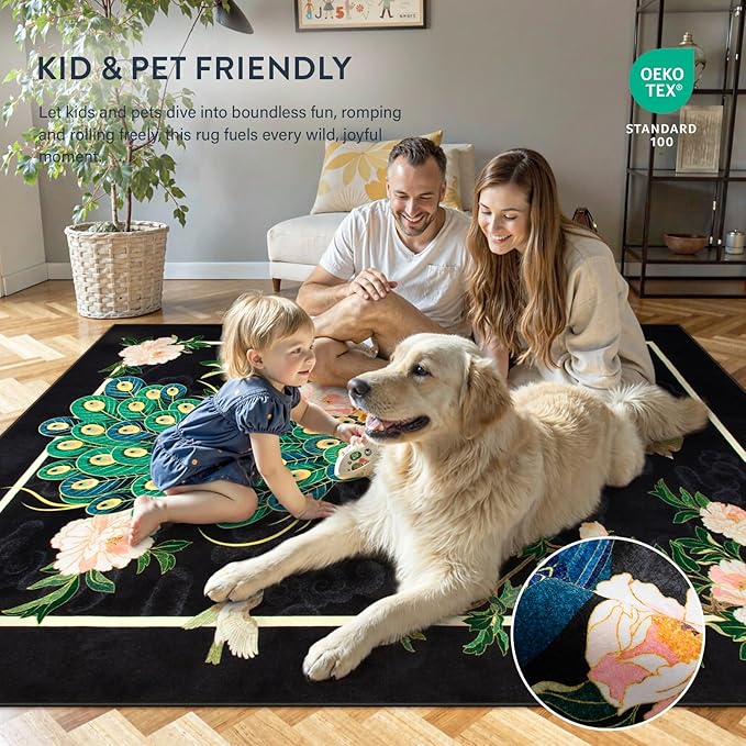 Lahome Peacock Washable Rugs 5x7, Soft Black Rug - Image 5