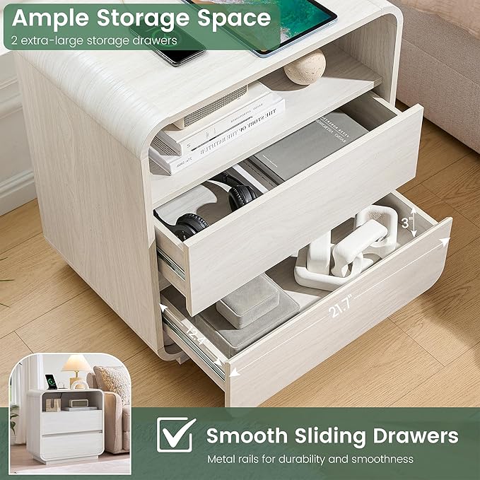 White Nightstand with Charging Station, Modern End Table with 2 Storage Drawers - Image 5