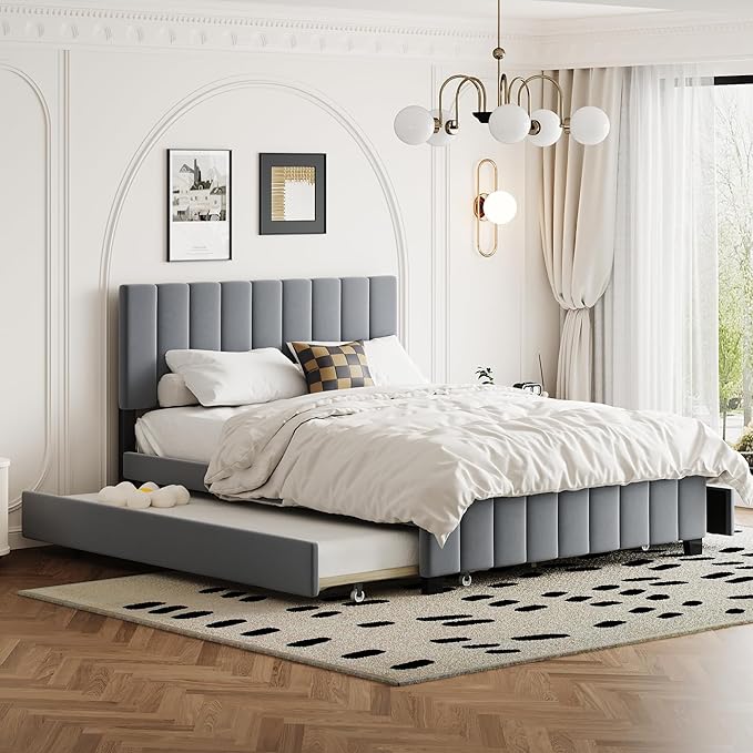 Queen Bed Frame with Trundle Bed, Velvet Upholstered Platform Bed Frame with by Bellemave