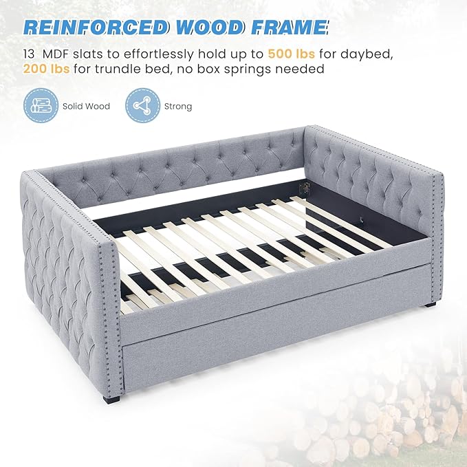 Daybed with Trundle, Modern Upholstered Full Size Day Bed Button-Tufted Sofa - Image 6