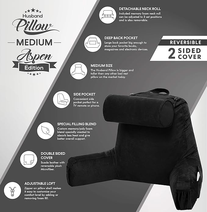 Husband Pillow Medium Aspen Edition Stable Black, Sit Up Reading & Bed Rest - Image 4