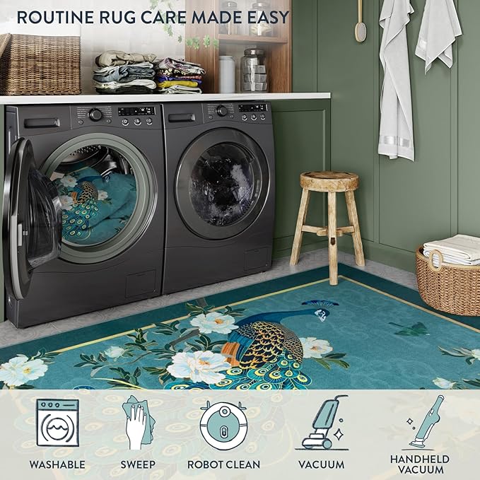 Lahome Peacock Washable Rugs 5x7, Soft Blue Rug - Image 6