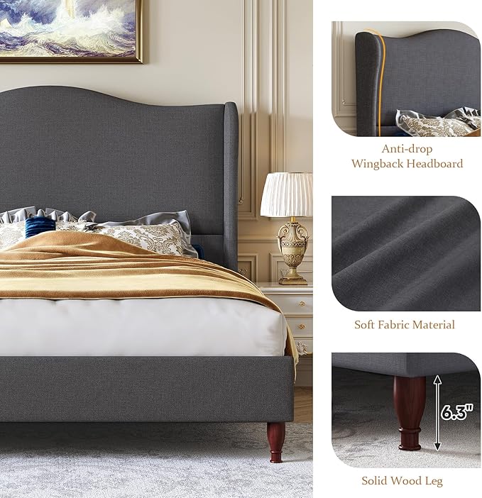 koorlian Queen Upholstered Bed, Soft Chenille Sleigh Platform Bed Frame - Image 6