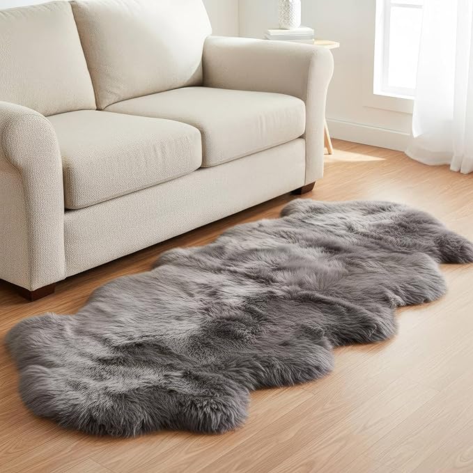 Premium Gray Sheepskin Rug Genuine Fur Bedside Runner 2x6ft - Image 2