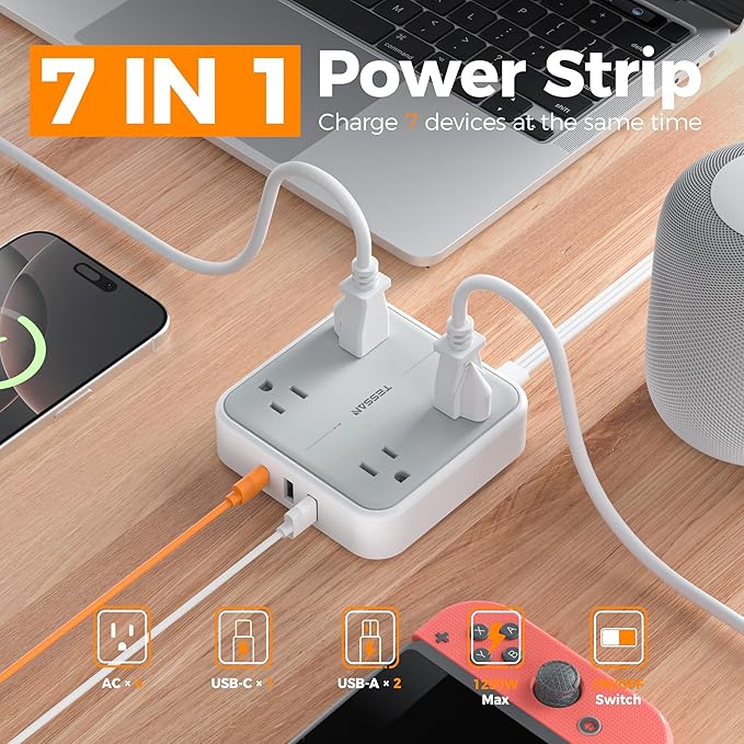 TESSAN Surge Protector Power Strip, 3 Ft Ring Pull Extension Cord - Image 2