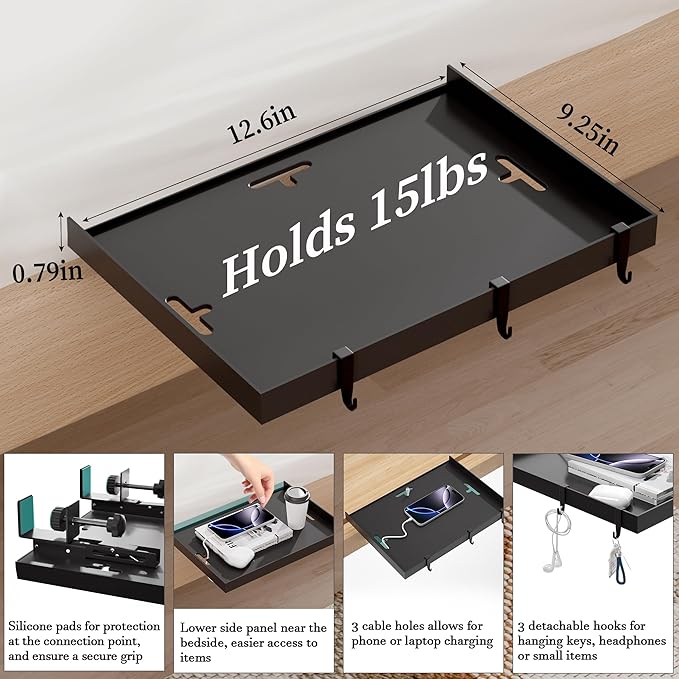 Foldable Bedside Shelf, Metal Clip-On Bed Tray Table - Image 5