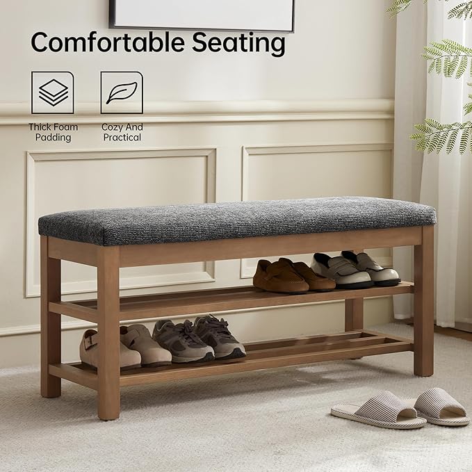 VKNOW 44.3” Wooden Entryway Bench, 2-Tier Upholstered Shoe Bench - Image 3