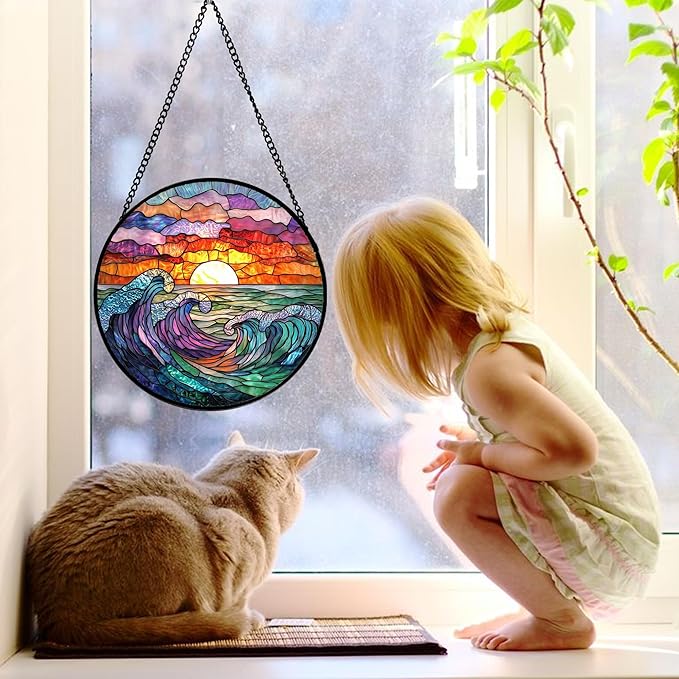 DASTOLL Stained Glass Window Hanging, Clouds and Sea Waves Suncatcher Diamond - Image 4