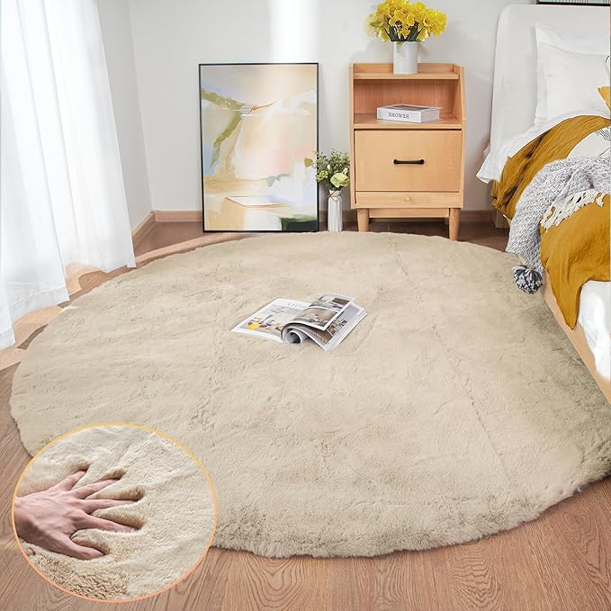 Washable Shag Round Rugs 6ft Camel Plush Faux Rabbit Furry Fur Rugs by ORINOVA