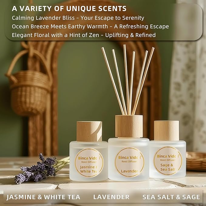 Reed Diffuser Set of 3, Binca Vidou Lavender, Jasmine & White Tea, Sage & Sea - Image 2
