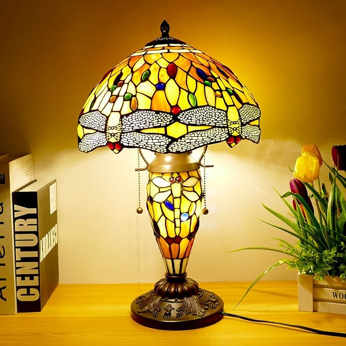Tiffany Table Lamp 3 Lights Dragonfly Stained Glass Table Lamp Victorian by JGWSMQ