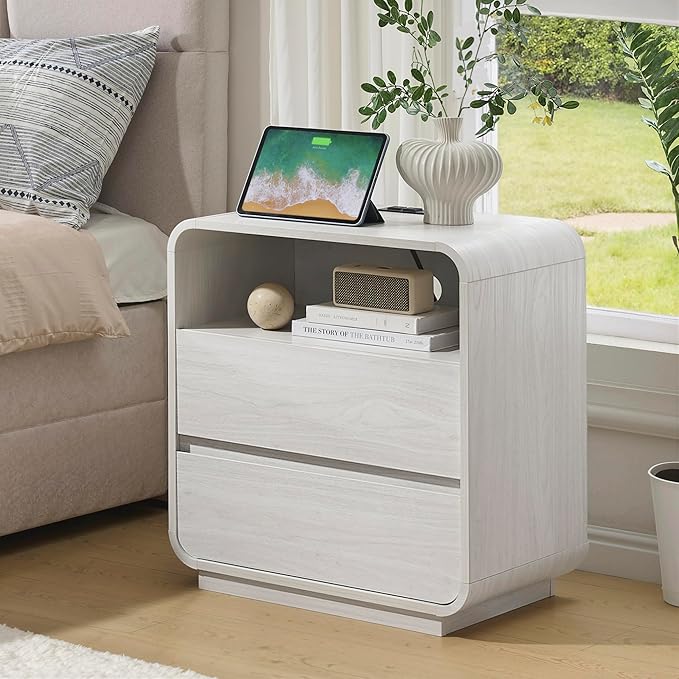 White Nightstand Set of 2 with Charging Station, 23.2" Wide Wood Bedside Table - Image 6