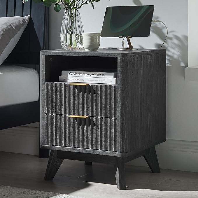 T4TREAM Fluted Nightstand with Charging Station, 2 Drawers End Table with by T4TREAMFurniture