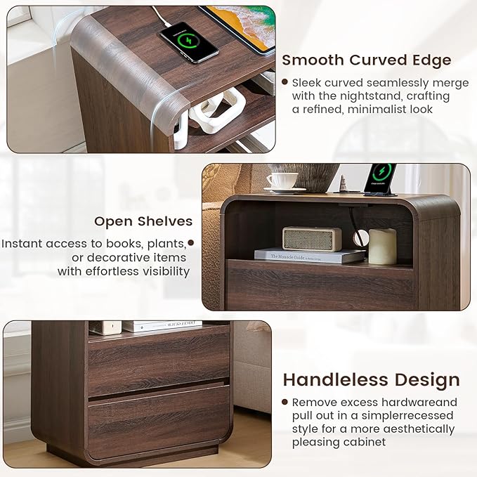 Farmhouse Night Stand, 2 Storage Drawers Bedside Table Curved Profile, - Image 6