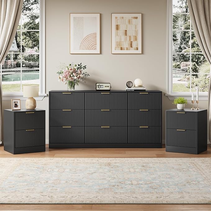 9 Drawer Dresser & Nightstand Set 3-Piece, 63” Wide Fluted Bedroom Dresser Set by NOVAMAISON