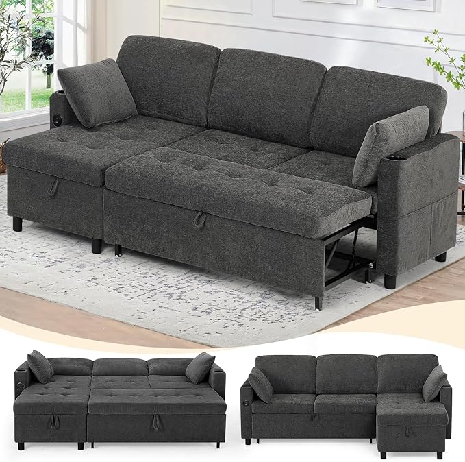 84" Fabric Pull Out Sofa Bed w/Adjustable Backrest, L-Shape Modern Sleeper Sofa by LESOFAIR