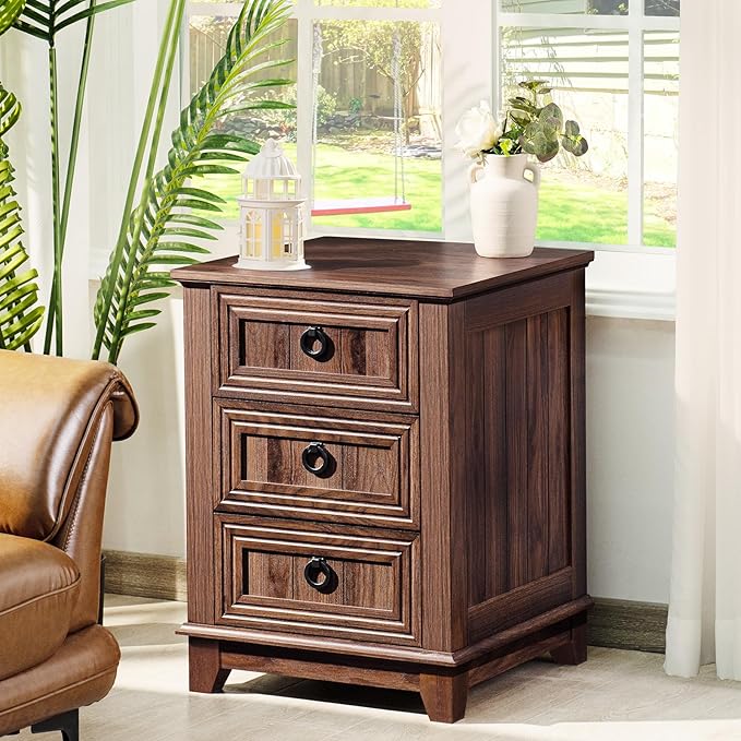 18" Farmhouse Night Stand with 3 Drawers, Wood End Table Dresser - Image 5