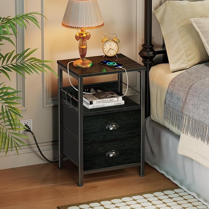 Furologee Nightstand with Charging Station, Side Table with USB Ports, End - Image 6