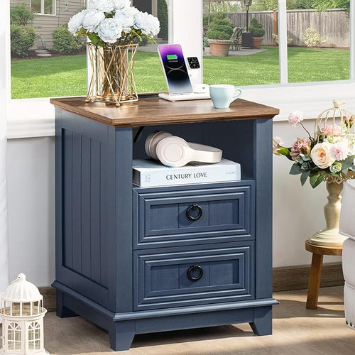 18" Farmhouse Night Stand with Charging Station, 2 Drawers End Table Dresser by Joaxswe