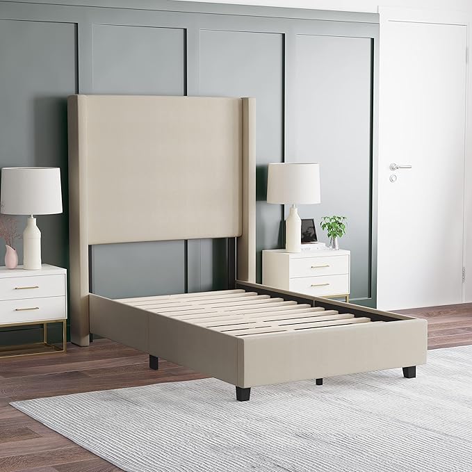 EMMA + OLIVER Nora Twin Size Faux Linen Upholstered Platform Bed - Image 4