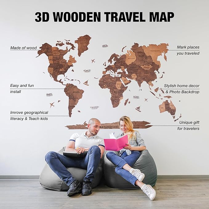 Handmade 3D Wood World Map Wall Art Large Wall Decor Track Your World Travels - Image 6