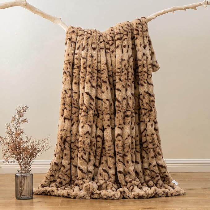 BATTILO HOME Luxury Ruched Faux Fur Throw Blanket Leopard Print, Double Side - Image 7