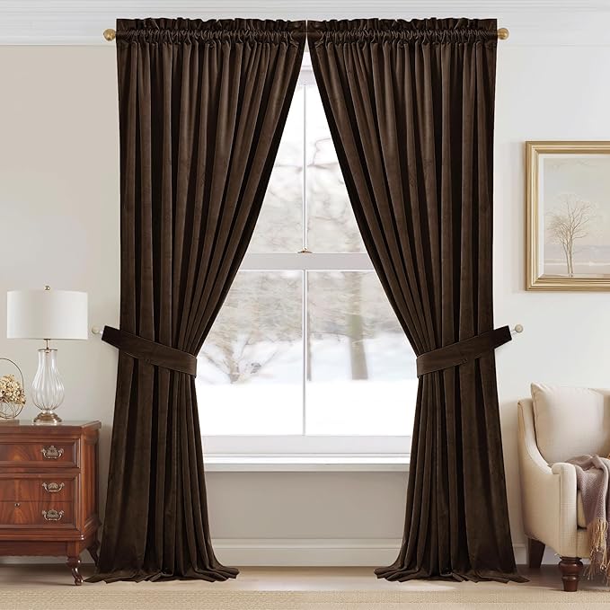 StangH 90 inch Length Brown Curtains Light Blocking Velvet Window Drapes - Image 2