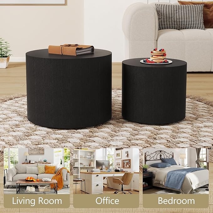 Nesting Coffee Table Set of 2, Round Wood Black Coffee Tables Modern Circle - Image 6